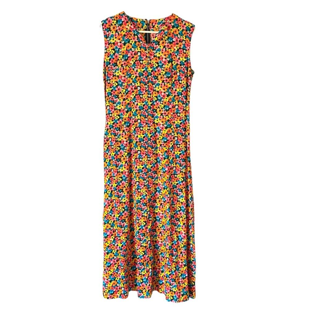 Vintage 60s Electric Yellow Pink Orange Floral Print Retro Dress large Midi